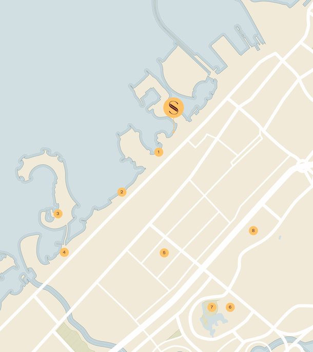 Map of Solaya on the Jumeirah coast with eight nearby places